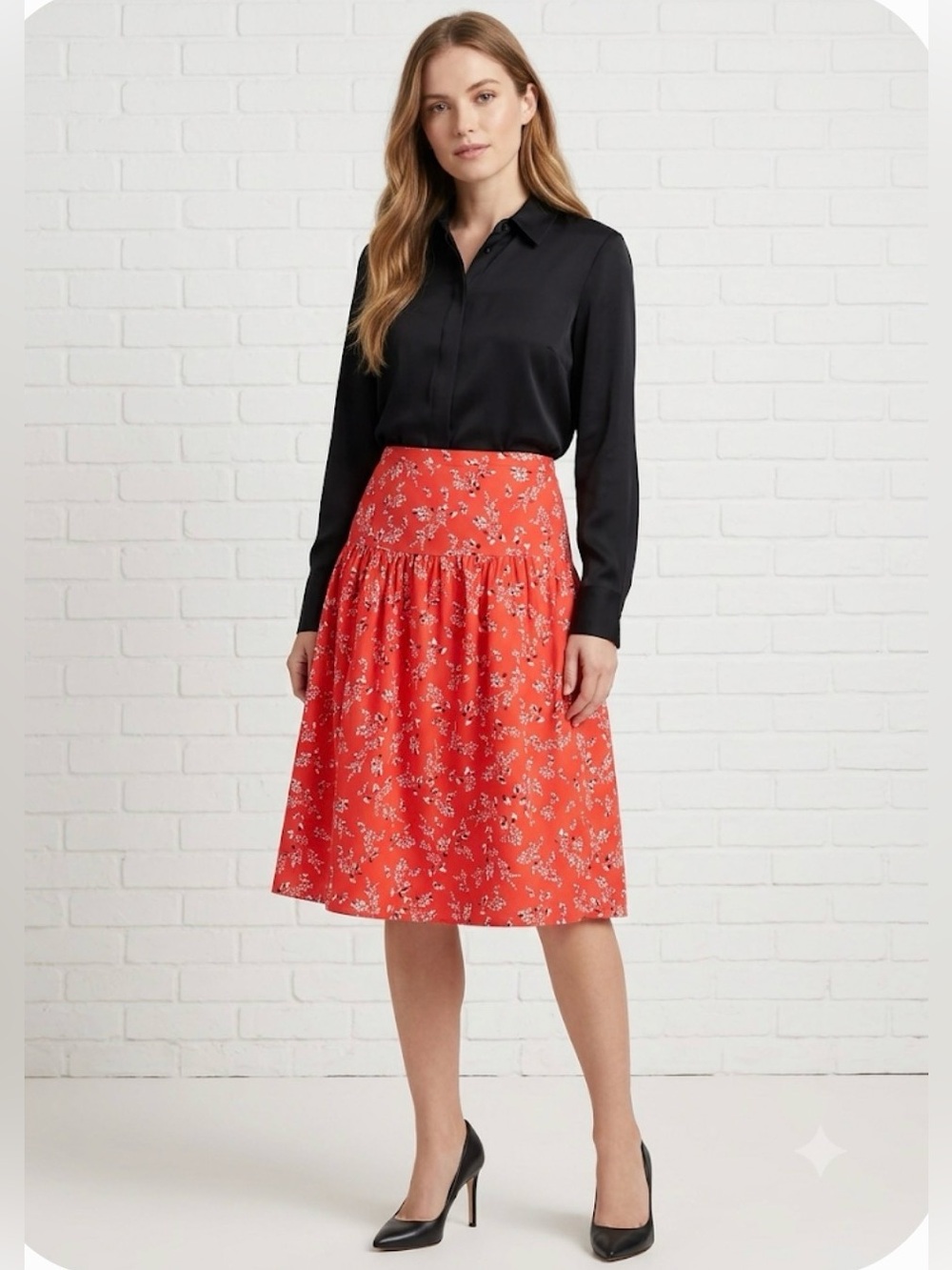 Ann Taylor Red Orange Floral A-Line Skirt Black & White Floral Lined Sz 8 Petite